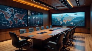 A modern boardroom with luxurious seating, custom lighting, and extensive video walls.