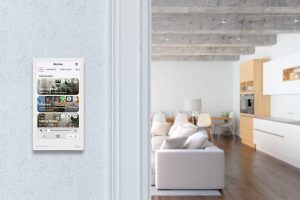 High-resolution Crestron wall touch panel displaying room controls for a modern kitchen and dining area.