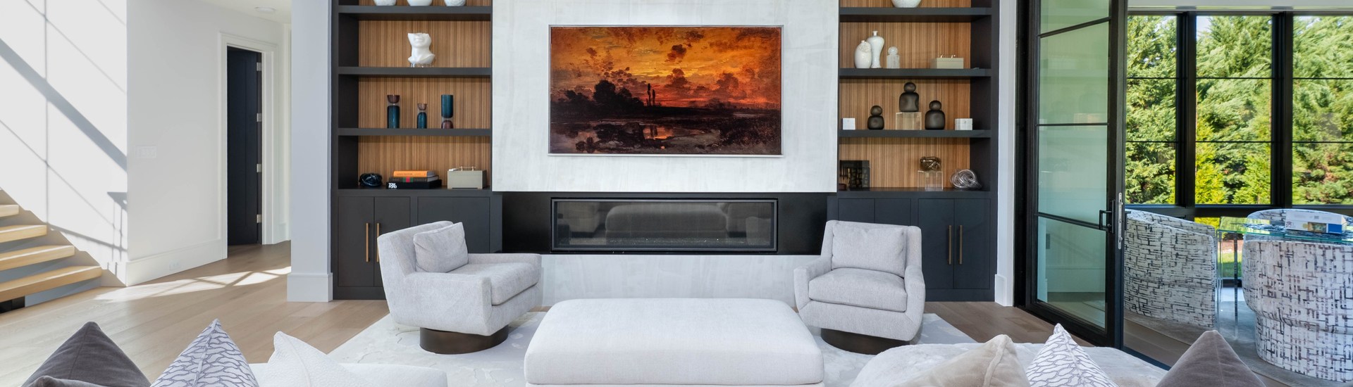 Living room with integrated lighting, media wall and window shades